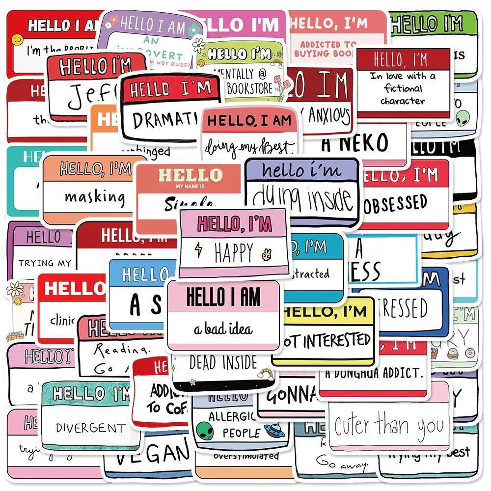 50pcs Cartoon "Hello I Am" Funny Stickers for Diary, Bottle, Laptop, Phone, Journal (Online Order Only)