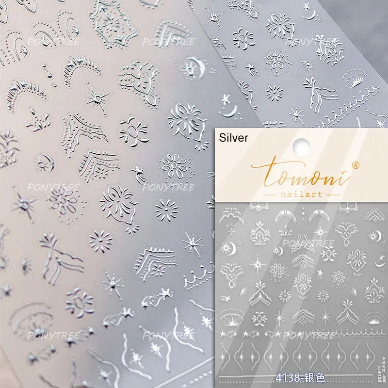Gold Stamped Silver Totems Geometric Patterns Figure 5D Self Adhesive Nail Art Stickers Stars Bohemia Manicure Decals Wholesale (Online Order Only)