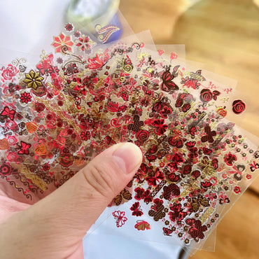 30Pcs/Set Red Golden 3D Nail Art Sticker Hot Stamping Hollow Decals Mixed Designs Adhesive Flower Nail Tips Letter Butterfly Set (Online Order Only)