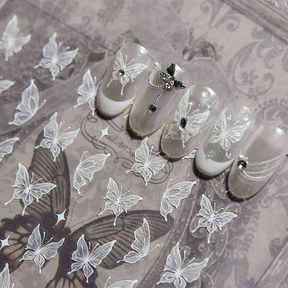 Chic Beautiful White Butterfly Shiny Lace Star Adhesive Nail Art Stickers Animals Charm Snowflake Manicure Decals Nail Supplies (Online Order Only)