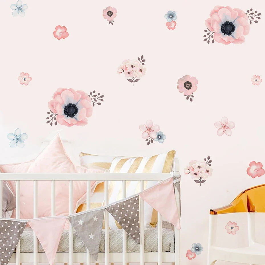 Watercolor Pink Brown Flower Wall Stickers Nursery Decals Girls Room (Online Order Only)