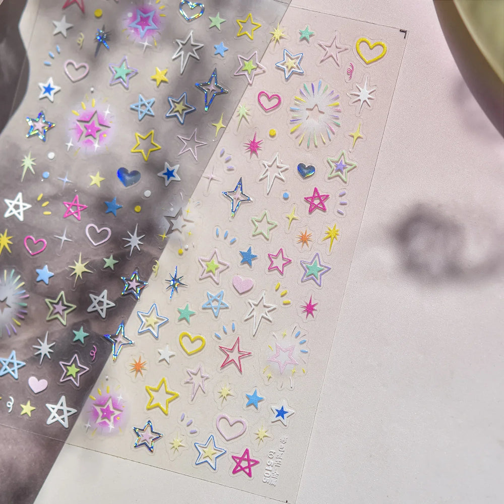 Colorful Starry Light Starburst Love Heart Halo Dyeing Soft Reliefs Self Adhesive Nail Art Decoration Stickers Manicure Decals (ONLINE ORDER ONLY)
