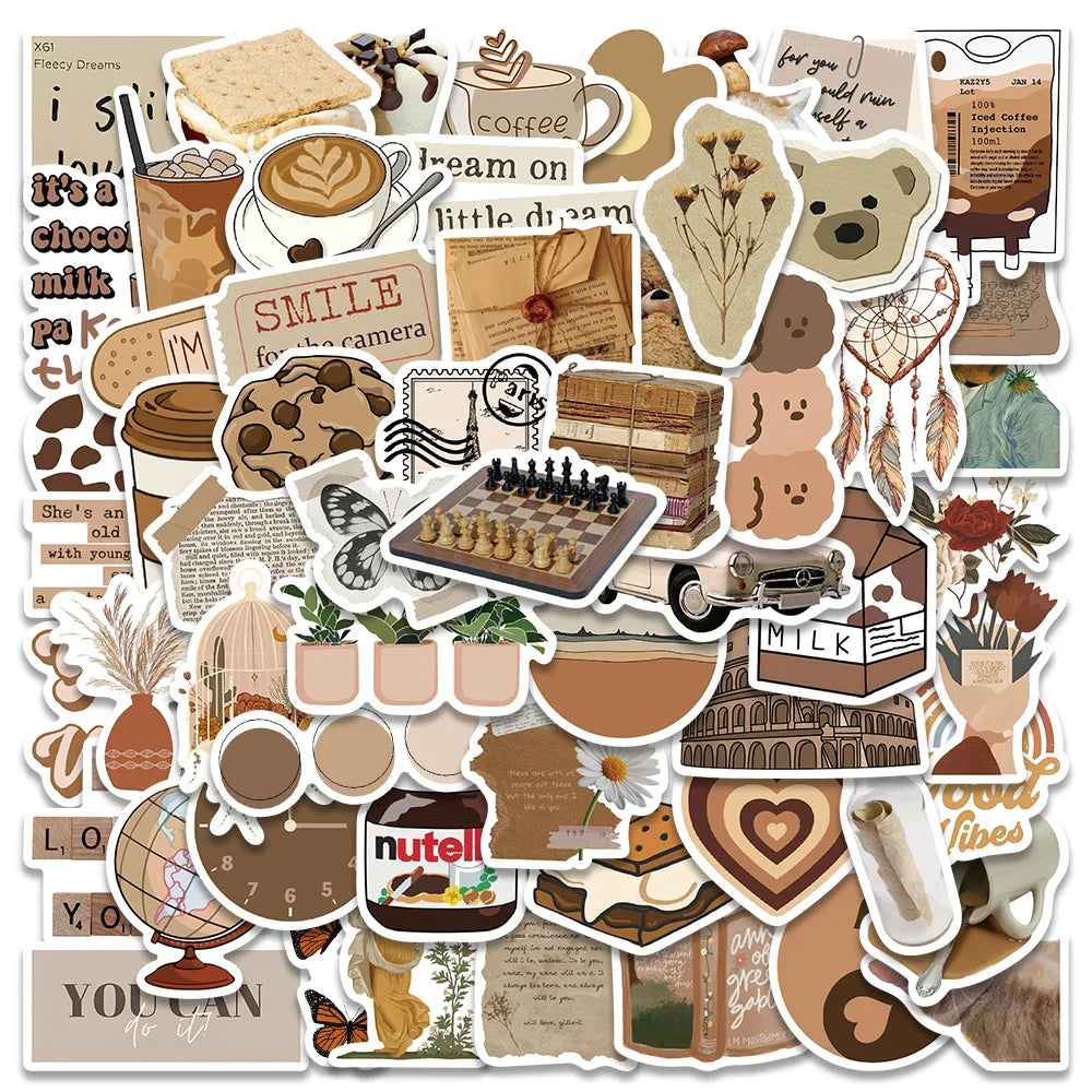 60pcs Classic Retro Brown Series Aesthetic Stickers For Luggage Laptop Guitar Phone Waterproof Graffit Bicycle Car Decals (ONLINE ORDER ONLY)