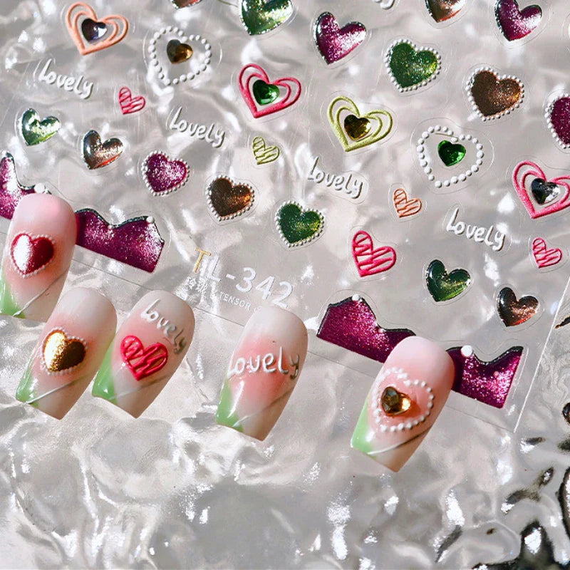 Lovely Love Heart Graffiti Crystal Geometric Cat's Eye Macaron Color Hollow Out Self Adhesive Nail Art StickersManicure Decals (ONLINE ORDER ONLY)