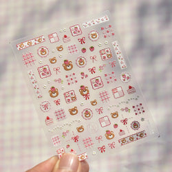 Lovely Bear Strawberry Cake Rose Flower Grid Block Bowknot Embossed Relief Self Adhesive Nail Art Sticker Cute 3D Manicure Decal (ONLINE ORDER ONLY)