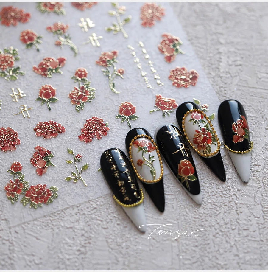 Retro Chinese Characters Charming Rich Peony Delicate Rose Flowers Soft Relief Adhesive Nail Art Stickers Chic Manicure Decals (ONLINE ORDER ONLY)