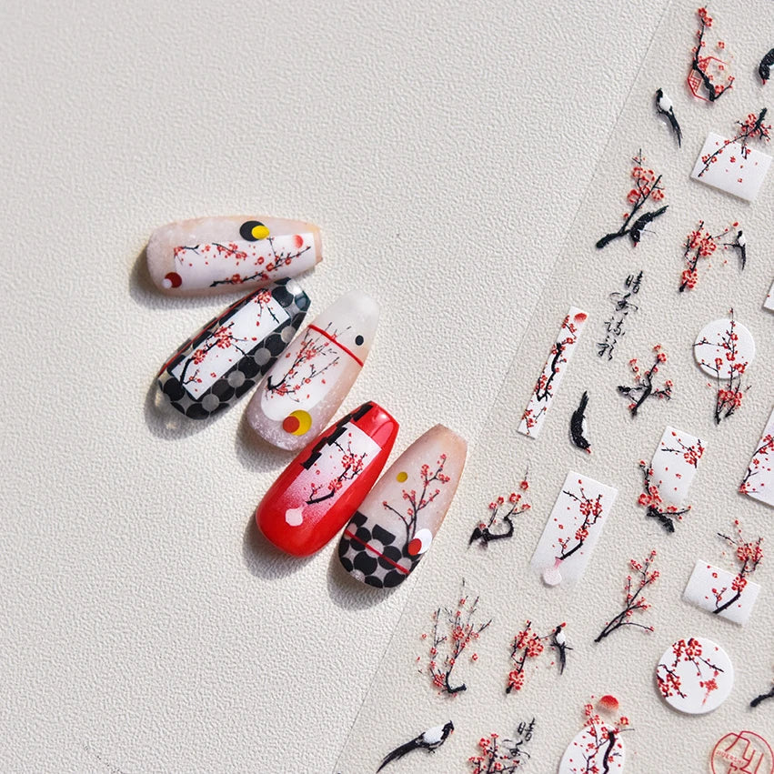 Red Plum Blossom Flower Chinese 3D Self Adhesive Nail Art Decoration Stickers Cheongsam Iris Lily Lotus Vase 5D Manicure Decals (ONLINE ORDER ONLY)