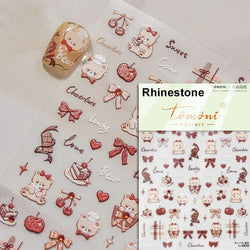 Retro Love Heart White Lace flower Bowknot Tie Pink Bear Flower Strawberry Adhesive Nail Art Stickers Rhinestone Manicure Decals (ONLINE ORDER ONLY)