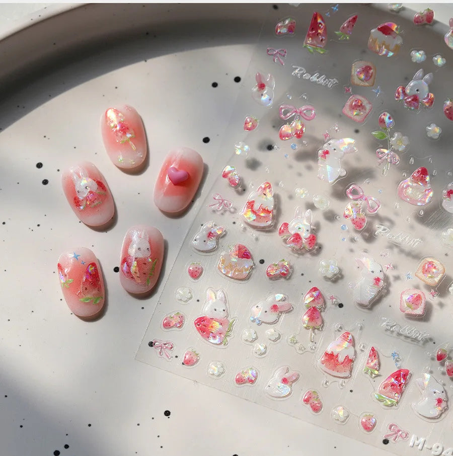 Cute White Rabbit Bunny Strawberry Flower Pudding Star Bowknot Fruit Delicate Adhesive Nail Art Sticker Charming Manicure Decal (Online Order Only)