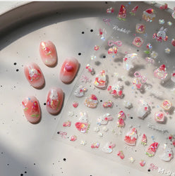 Cute White Rabbit Bunny Strawberry Flower Pudding Star Bowknot Fruit Delicate Adhesive Nail Art Sticker Charming Manicure Decal (Online Order Only)