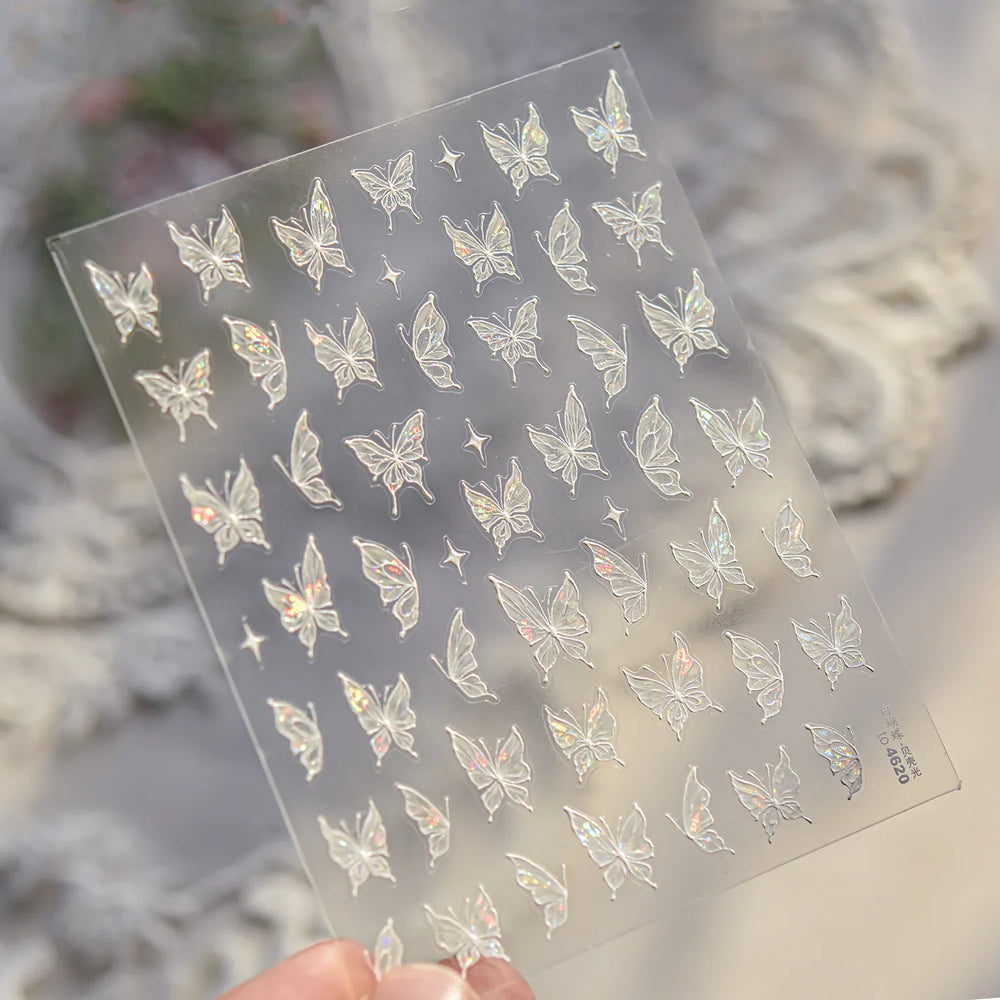 Chic Beautiful White Butterfly Shiny Lace Star Adhesive Nail Art Stickers Animals Charm Snowflake Manicure Decals Nail Supplies (Online Order Only)
