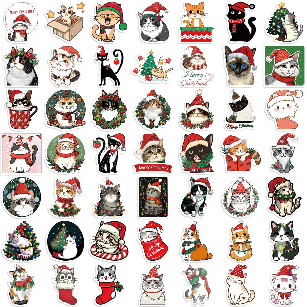 50pcs Cute Christmas Cat Graffiti Stickers Aesthetic DIY Luggage Bike Phone New Year Gift Decoration Sticker Toy (ONLINE ORDER ONLY)