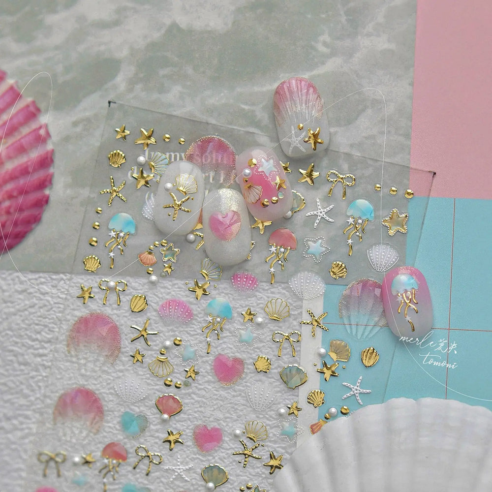 Dizzying Shell Coral Dolphin Starfish Heart Jellyfish Water Bubbles Ocean Adhesive Nail Art Decorations Stickers Manicure Decals (ONLINE ORDER ONLY)
