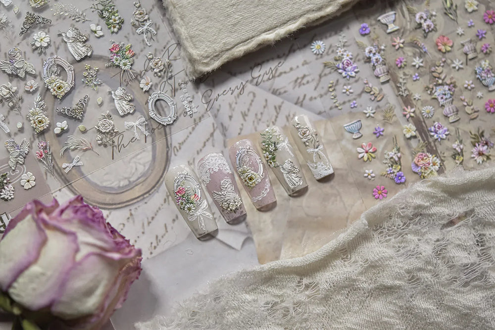 Angel Bowknot Stone Statue Vintage Photo Frame Flower Bed Bouquet Garden Rose Crown Adhesive Nail Art Stickers Manicure Decals (ONLINE ORDER ONLY)