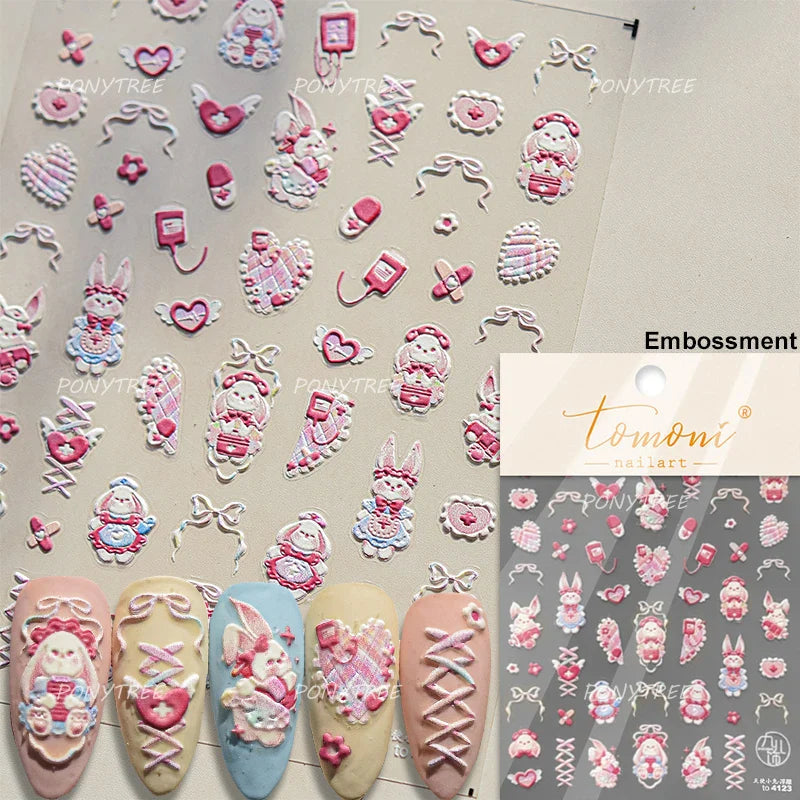 Peach Blossom Flower Yellow Rabbit Bunny Love Heart Delicate Totem 5D Self Adhesive Nail Art Stickers Rhinestone Manicure Decals (ONLINE ORDER ONLY)