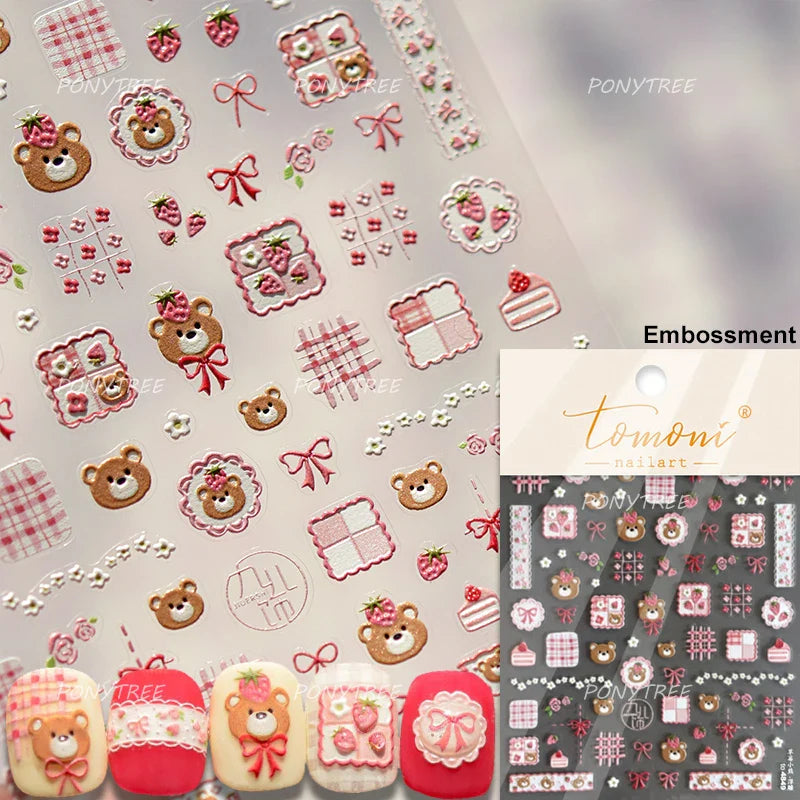 Lovely Bear Strawberry Cake Rose Flower Grid Block Bowknot Embossed Relief Self Adhesive Nail Art Sticker Cute 3D Manicure Decal (ONLINE ORDER ONLY)