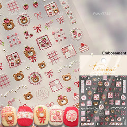 Lovely Bear Strawberry Cake Rose Flower Grid Block Bowknot Embossed Relief Self Adhesive Nail Art Sticker Cute 3D Manicure Decal (ONLINE ORDER ONLY)