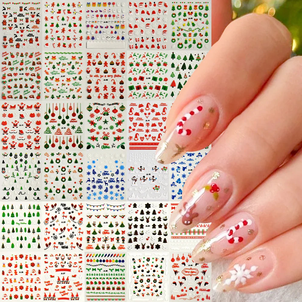 30Sheet 3D Glitter Christmas Nail Art Stickers Santa Claus Snowflake Elk Christmas Tree Design Nail Decals Cartoon Nail Supplies (Online Order Only)