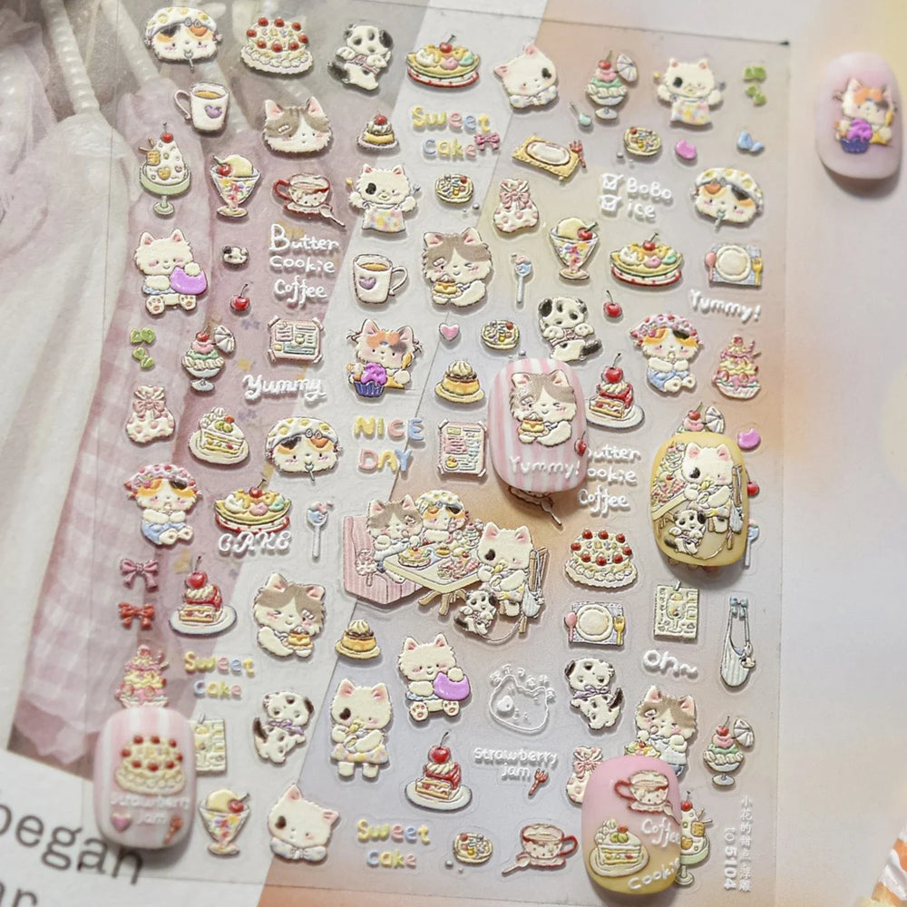 Cute Cat Cherry Sweet Cake Dog Butter Cookie Coffee Strawberry Jam Ice Cream Adhesive Nail Art Decoration Sticker Manicure Decal (Online Order Only)