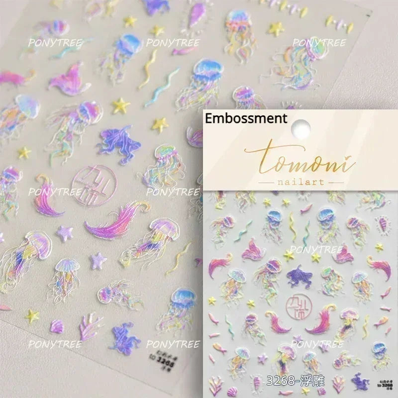 Hot Stamping Laser Shell Conch Starfish Pearl Whale Coral Dolphin Summer Beach Sea Wave Jellyfish Bubble Nail Art Stickers Decal (ONLINE ORDER ONLY)