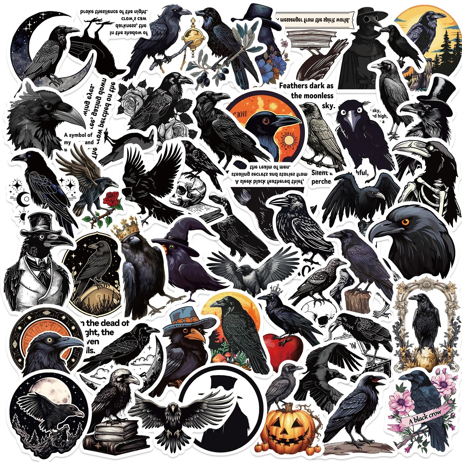 Black Crow Cartoon Stickers for Phone, Laptop, Luggage, Skateboard - 10/30/50PCS (ONLINE ORDER ONLY)