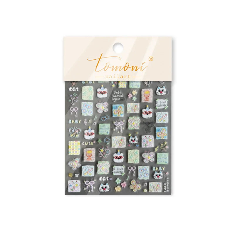 Small Animals Meeting Dog Cat Kitten Bowknot Cherry Butterfly Wreath Paw Star Hat Self Adhesive Nail Art Stickers Manicure Decal (ONLINE ORDER ONLY)