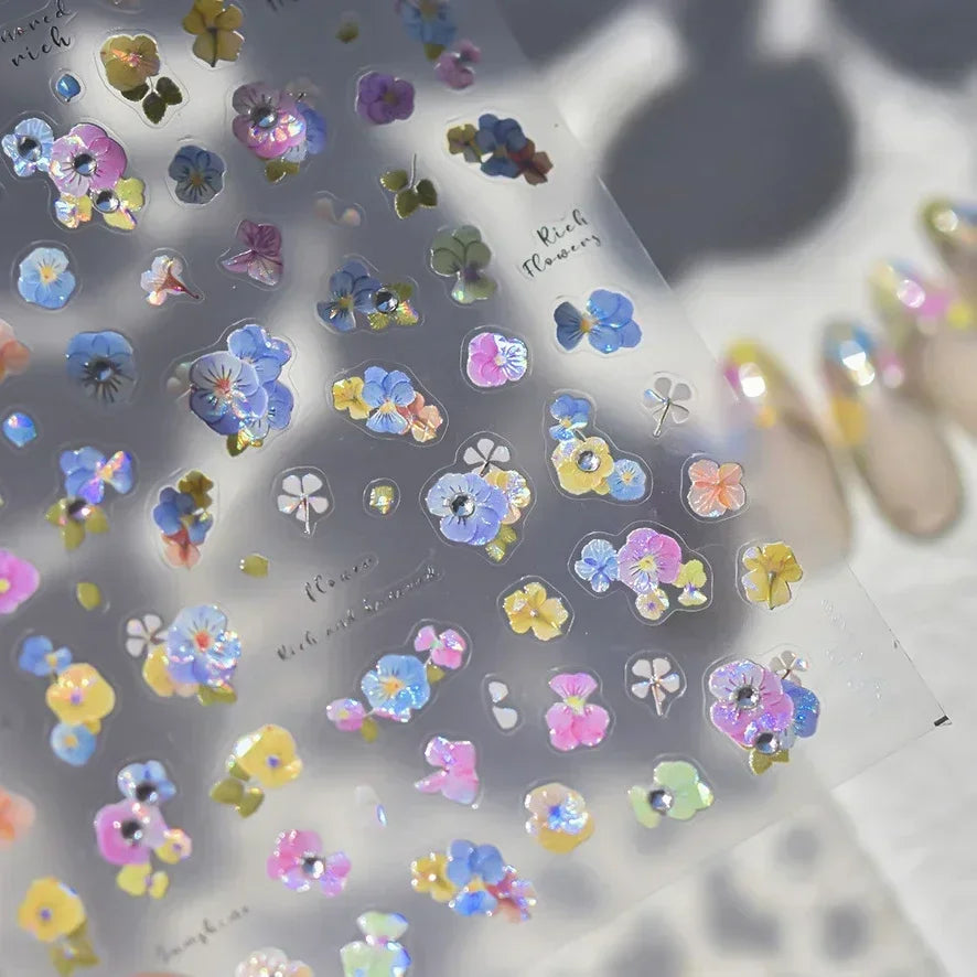 Colorful Embroidery Peony Pearl Full-blown Flower Rhinestone Chinese Luxury Relief Self Adhesive Nail Art Sticker Manicure Decal (Online Order Only)