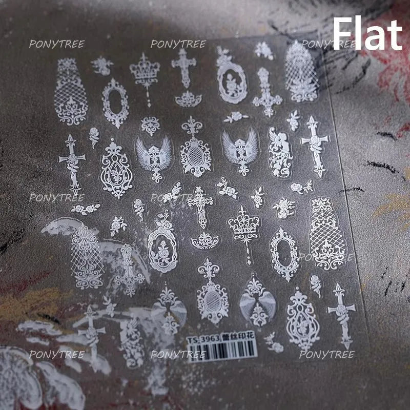 Retro White Lace Fabric Piece Bowknot English Letter Decorative Border Irregular Cloth Block Adhesive Nail Art Stickers Decals (ONLINE ORDER ONLY)