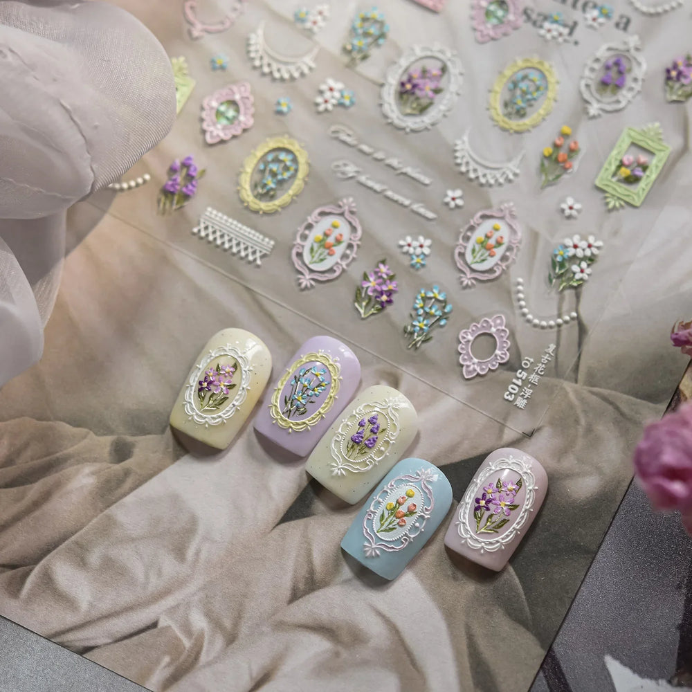 Retro European Flower Frame Gypsophila Bouquet Garden Charming Tulip Lavender Daisy Delicate Nail Art Stickers Manicure Decals (ONLINE ORDER ONLY)
