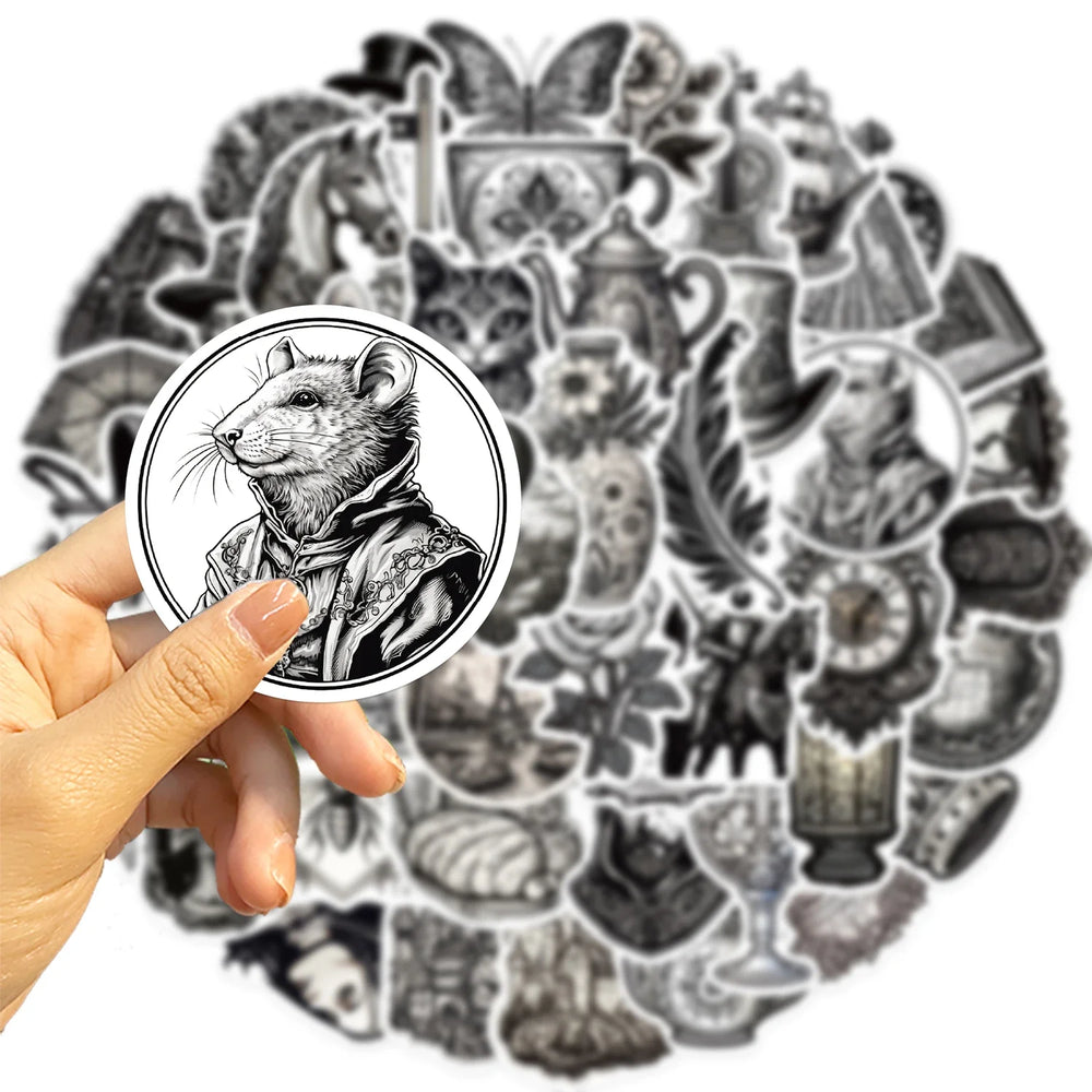 50PCS Black And White Medieval Style Sticker Graffiti Personality Trend Guitar Water Cup Computer Suitcase Sticker Wholesale﻿ (ONLINE ORDER ONLY)