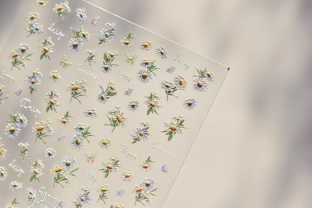 Rural Style White Daisy Flower Butterfly Small Wildflowers 5D Soft Embossed Relief Adhesive Nail Art Stickers 3D Manicure Decals (ONLINE ORDER ONLY)