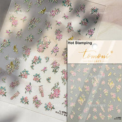 Pink Cherry Blossoms Peach Flower Petal Green Leaf Greenery 5D Embossed Relief Self Adhesive Nail Art Sticker 3D Manicure Decals (ONLINE ORDER ONLY)