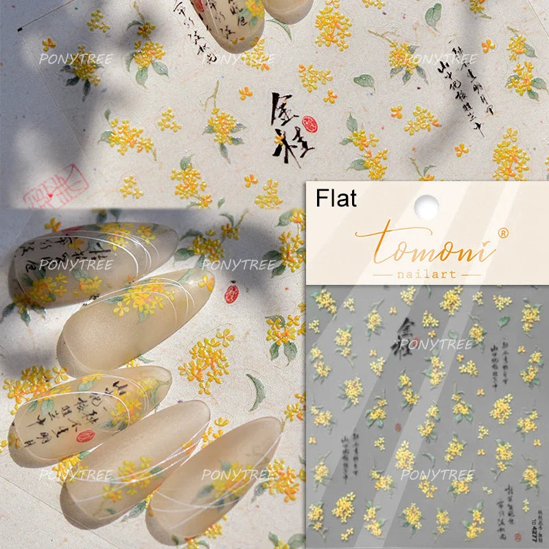 Pink Cherry Blossoms Peach Flower Petal Green Leaf Greenery 5D Embossed Relief Self Adhesive Nail Art Sticker 3D Manicure Decals (ONLINE ORDER ONLY)