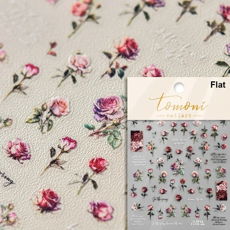 Chic Retro Rose Photo Frame Dried Flower Petal Self Adhesive Nail Art Stickers 5D Hot Stamping Relief Rhinestone Manicure Decals (Online Order Only)
