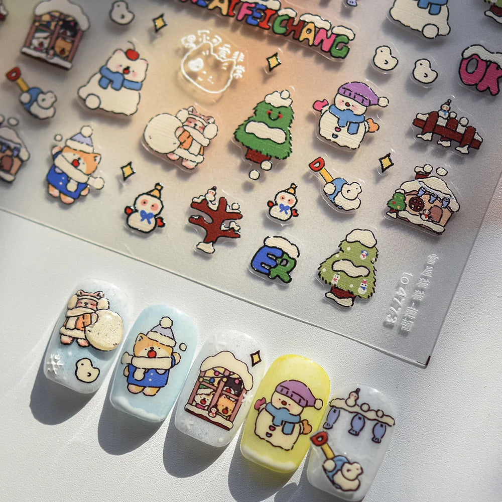 Cat House Snow Tree Window Fish Star Shiny Snowman Duck 5D Self Adhesive Nail Art Stickers Hat Apple Rhinestone Manicure Decals (ONLINE ORDER ONLY)