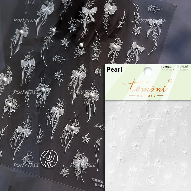 White Pearl Various Bowknot Line Tassel Tender Ribbon Arc Charming Self Adhesive Nail Art Decorations Stickers Manicure Decals (ONLINE ORDER ONLY)