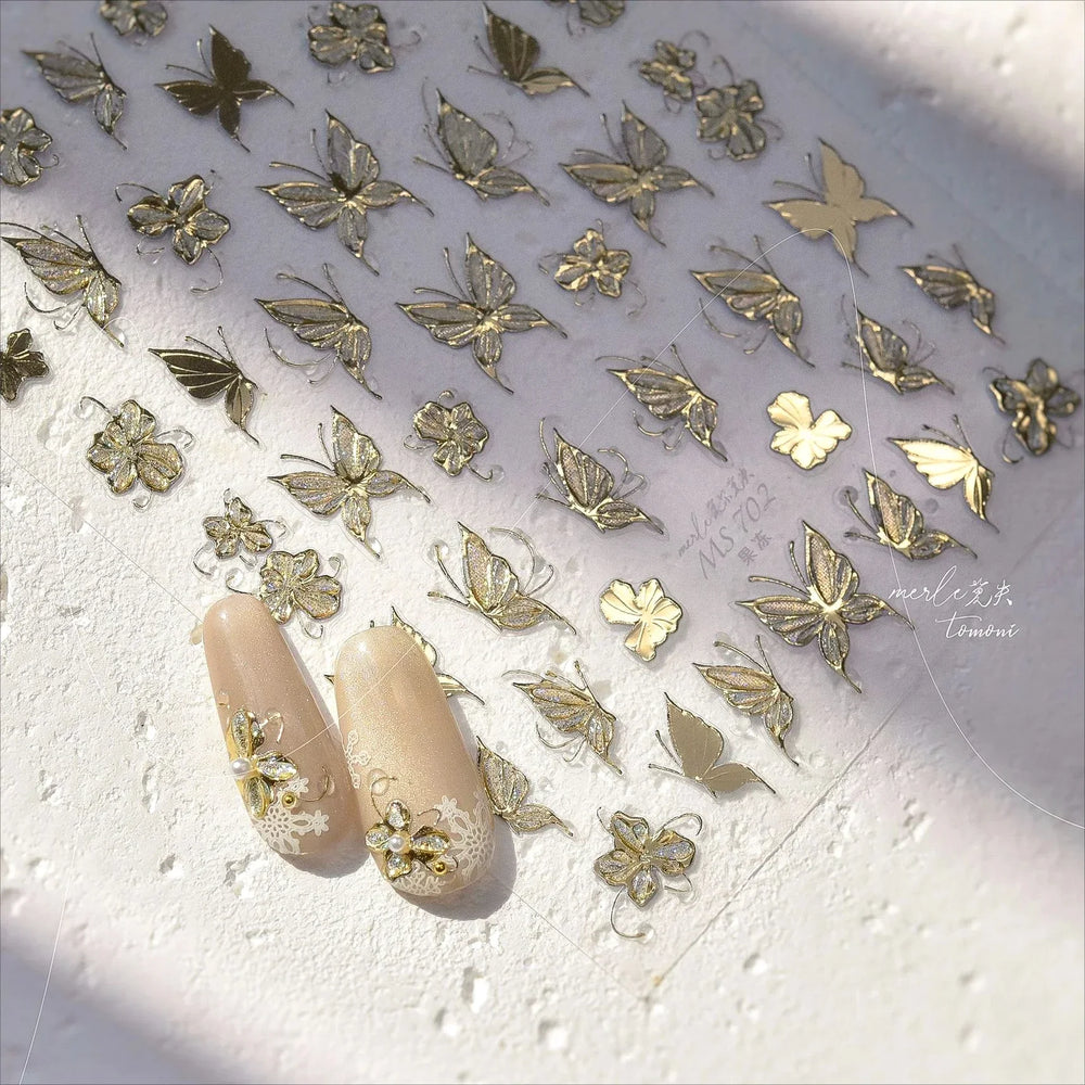 Charming Golden Gradient Shiny Rhinestone Jelly Butterfly Flower Petal Bowknot 3D Self Adhesive Nail Art Sticker Manicure Decals (ONLINE ORDER ONLY)