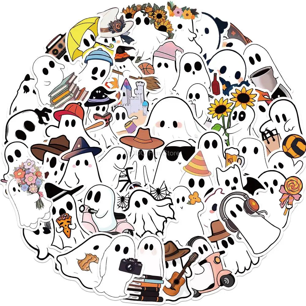 50PCS Cute Ghost Stickers Waterproof PVC for Laptop, Phone, Guitar, Luggage (Online Order Only)