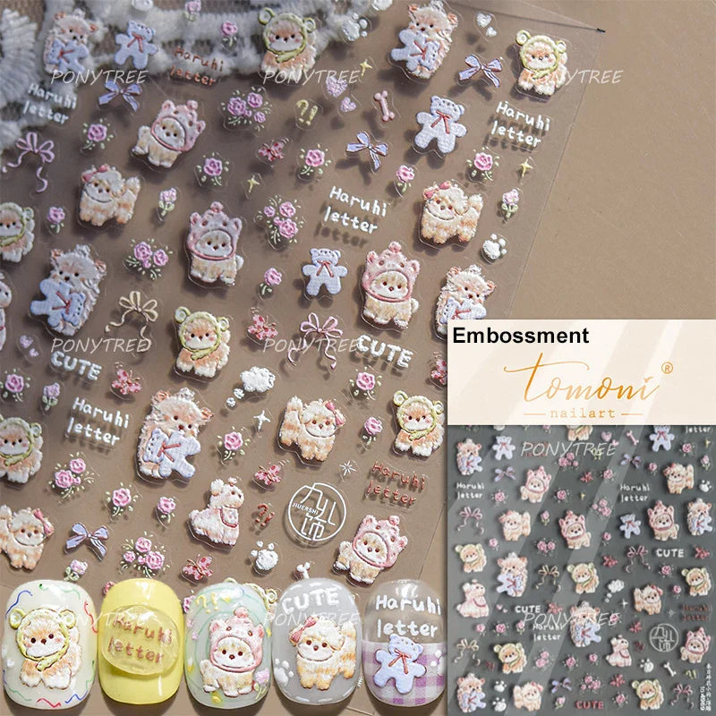 Lovely Dog Bone Bowknot Bread Graffiti Cake Cherry 3D Line Paw Adhesive Nail Art Stickers Cute Cartoon Manicure Decals Wholesale (ONLINE ORDER ONLY)