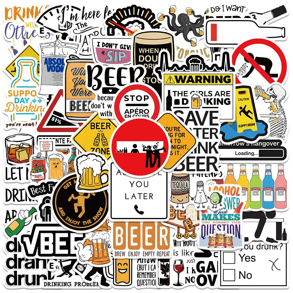50PCS Funny Alcohol Stickers for Laptop, Helmet, Suitcase, Fridge, Bike, Motorcycle, Waterproof Decals (ONLINE ORDER ONLY)