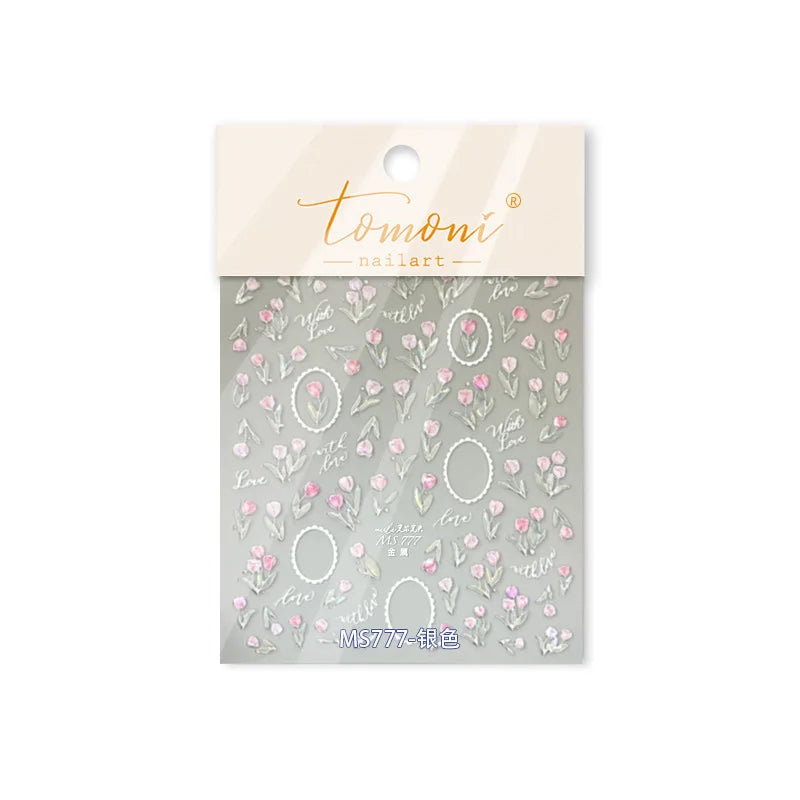 Retro Border Colourful Pink Purple Tulip Flower Bouquet Garden Fragrant 5D Soft Relief Adhesive Nail Art Sticker Manicure Decals (ONLINE ORDER ONLY)