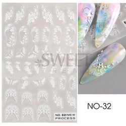 White Lace Flower Nail Art Sticker Acrylic Floral Charm Adhesive Sliders Elegant Wedding Bride Simple Line Design Manicure Decal (Online Order Only)