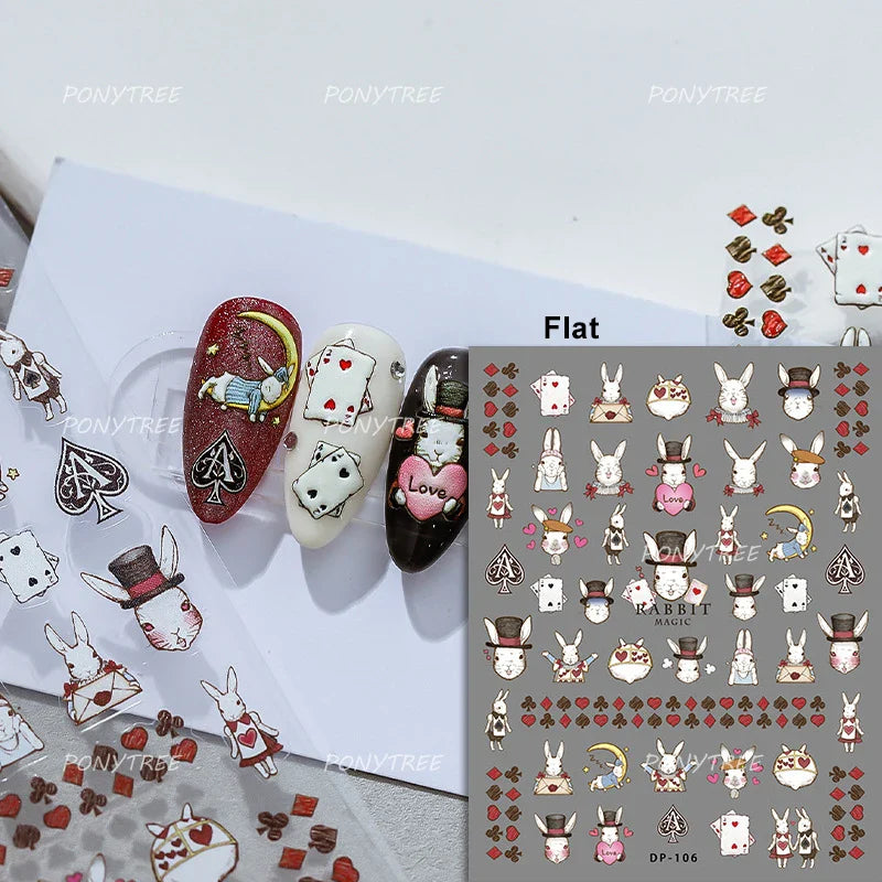 Poker Cards Mr Rabbit Tilted Teacup Bunny Cup Heart Star Block Bow Tie Hot Stamping Adhesive Nail Art Stickers Manicure Decals (ONLINE ORDER ONLY)