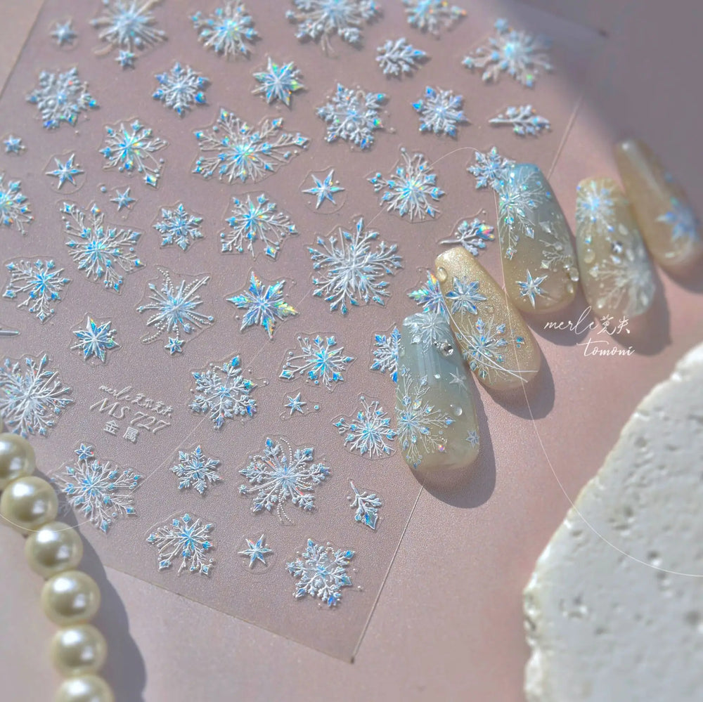 Flying Snowflakes Cold Winter Geometric Hexagon Star Romantic Adhesive Nail Art Stickers Embossment Rhinestone Manicure Decals (ONLINE ORDER ONLY)