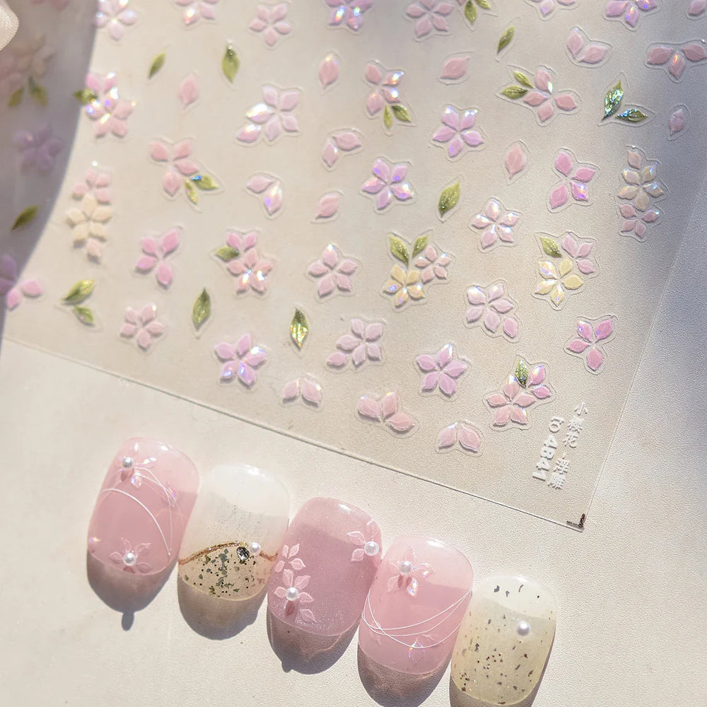 Pink Cherry Blossoms Peach Flower Petal Green Leaf Greenery 5D Embossed Relief Self Adhesive Nail Art Sticker 3D Manicure Decals (ONLINE ORDER ONLY)