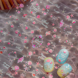 Pink Star Oceanic Shell Starfish Conch Bowknot Embossment Shiny Delicate 5D Chic Self Adhesive Nail Art Stickers Manicure Decals (Online Order Only)