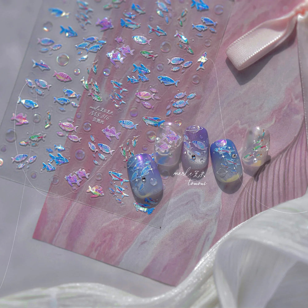 Colorful Shoal of Fish Whale Ocean Shell Conch Starfish Summer Sea Jellyfish Bubble Nail Art Decoration Sticker Manicure Decals (ONLINE ORDER ONLY)