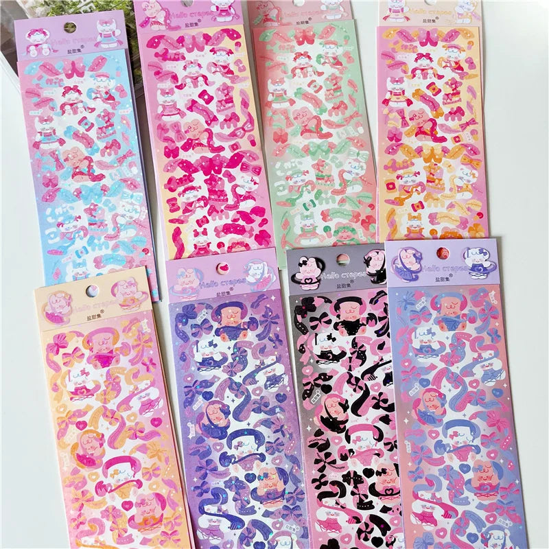 6/8pcs Kawaii Ribbon Rabbit Decorative Sticker Set Girls Scrapbooking Idol Card DIY Diary Album Collage Material Korean Stickers (ONLINE ORDER ONLY)