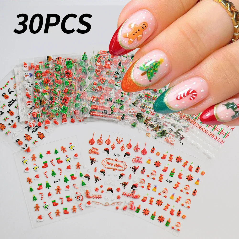 30Sheet 3D Glitter Christmas Nail Art Stickers Santa Claus Snowflake Elk Christmas Tree Design Nail Decals Cartoon Nail Supplies (Online Order Only)