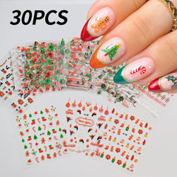 30Sheet 3D Glitter Christmas Nail Art Stickers Santa Claus Snowflake Elk Christmas Tree Design Nail Decals Cartoon Nail Supplies (Online Order Only)
